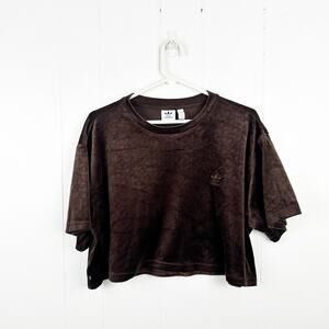 Adidas Brown Velvet Cropped Allover Embossed Print Short Sleeve Top XL